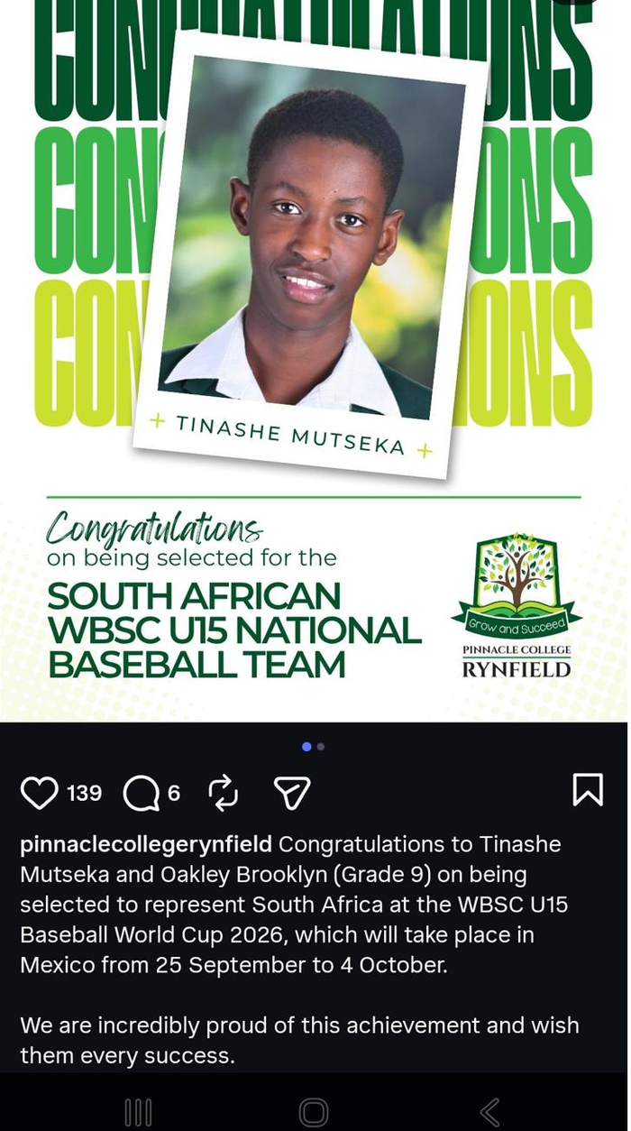 Pinnacle College Rynfield announcement congratulating Tinashe Mutseka on national team selection