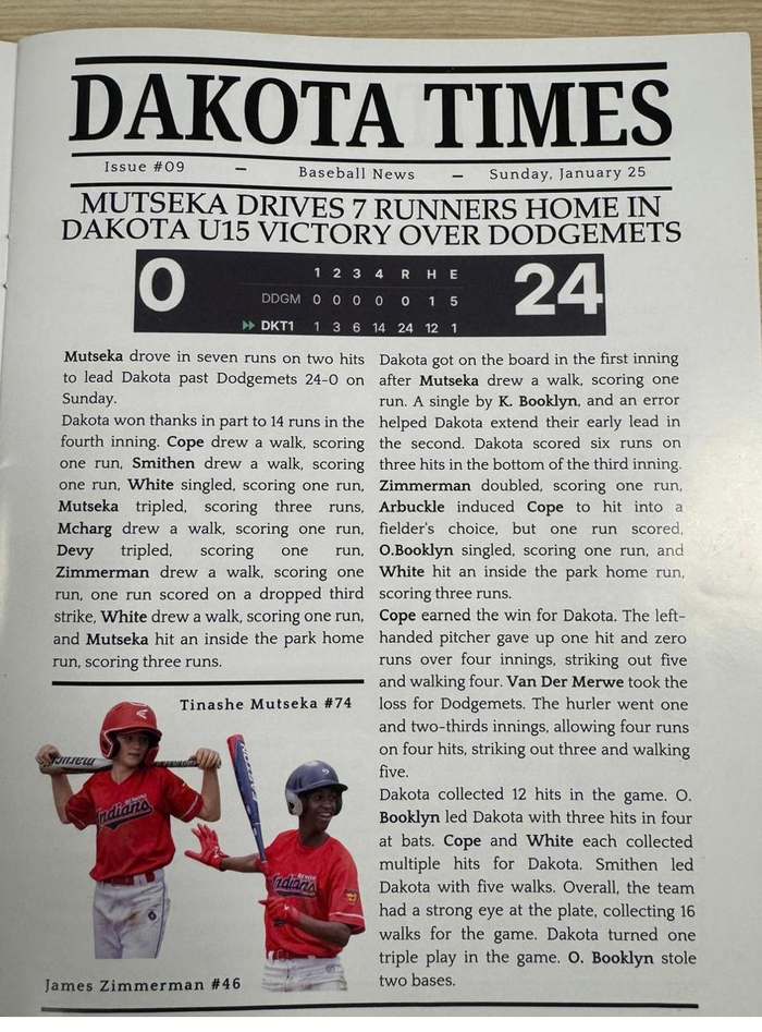 Dakota Times article: Mutseka drives 7 runners home in 24-0 victory